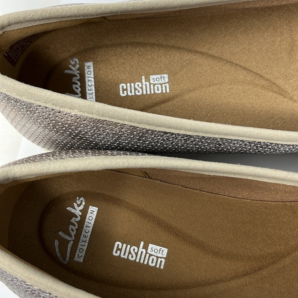 CLARKS COLLECTION LEATHER GOLD SHIMMER METALLIC ESPADRILLE LOAFER SLIP ON SIZE 9 - Picture 3 of 10